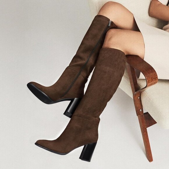 Women's Brown Lumeheel Knee High Boots Round Chunky Heel Side Zip Tall Boots - Picture 2 of 6